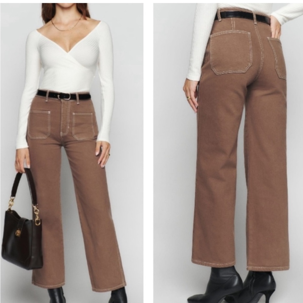 Reformation Chocolate Brown Jeans with Contrast Stitching